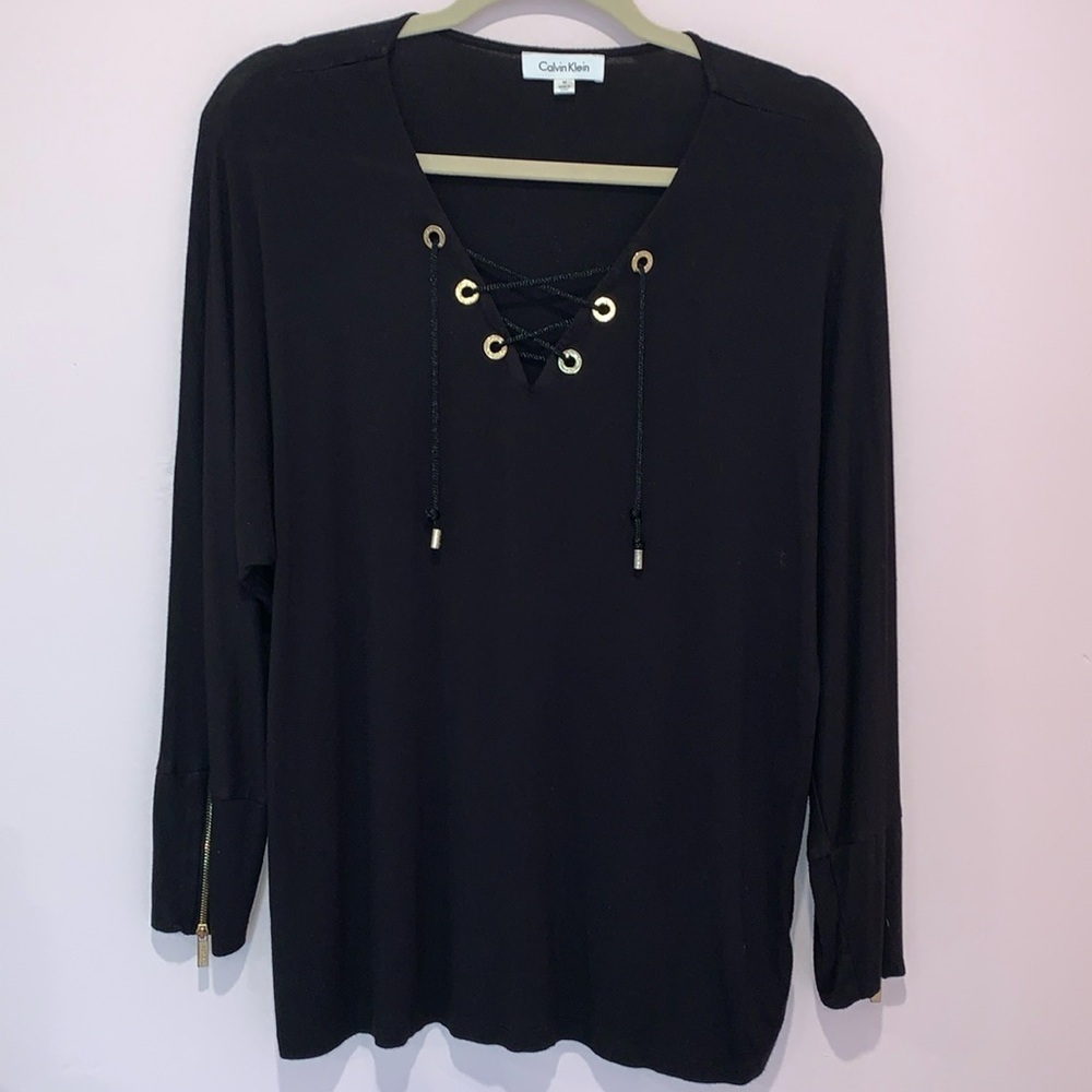 Calvin Klein Black Long Sleeve Shirt with Tie in Front  - Size Medium
